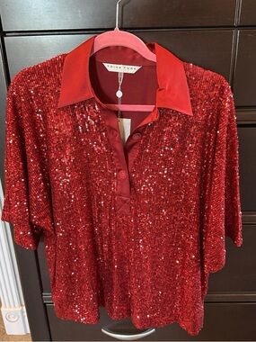Trina Turk Ruby Red Sequin Polo Top